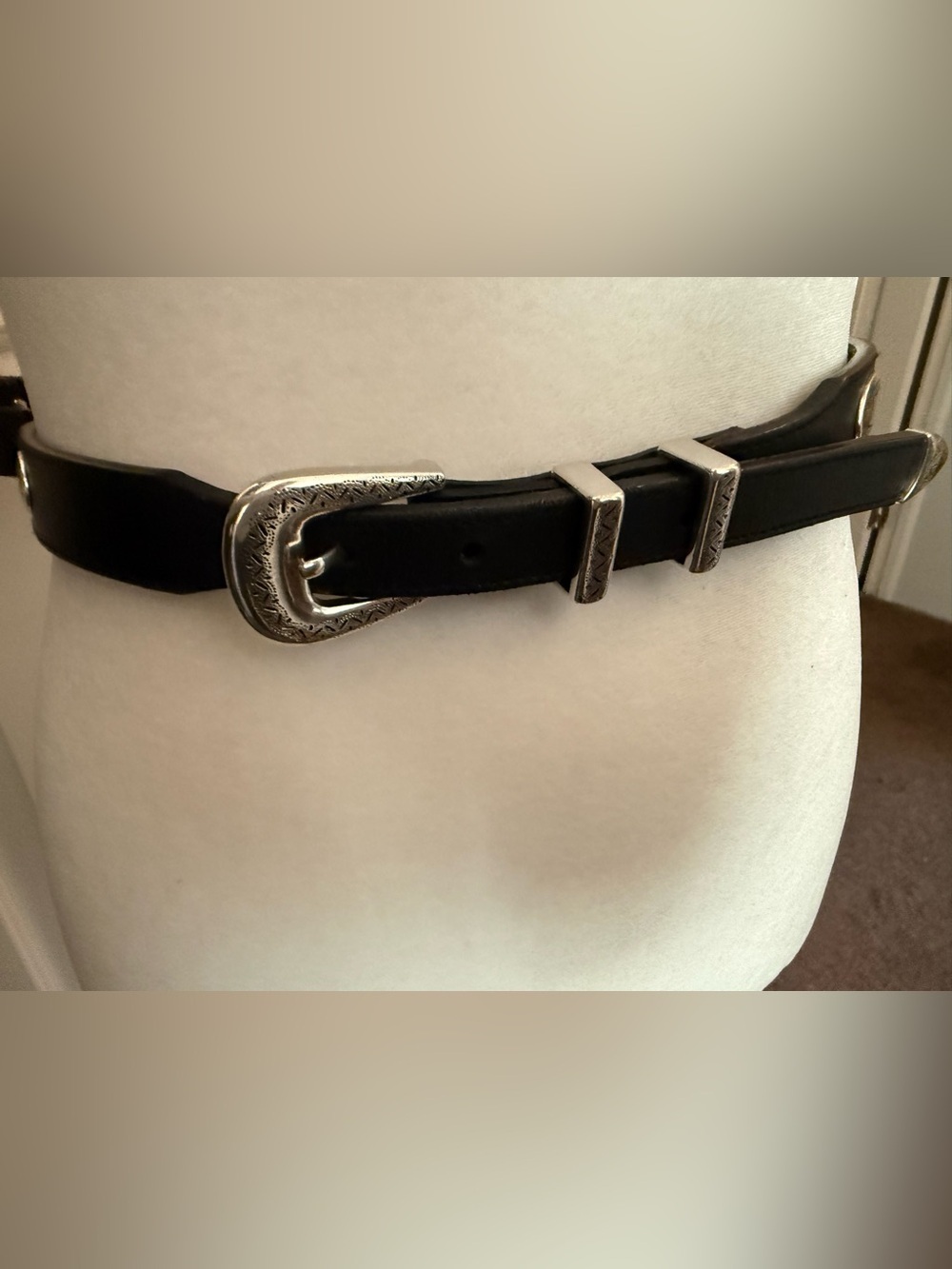 Nocona Black Leather Concha Belt Silver Engraved Buckle Double Keepers Metal Tip